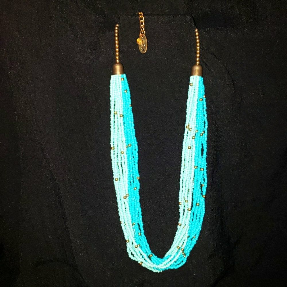 Necklace- By Jules B - Multi Strand Glass Seed Beads Turquoise Teal 22.5"L Overa